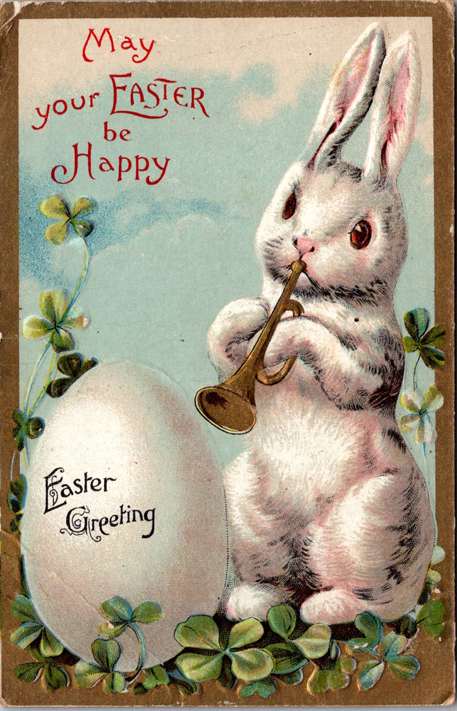 Easter - rabbit up on its haunches blowing a horn - 2 postcards - SL3004