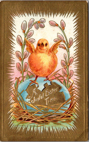 Easter - chick with wings outstretched to pussy willows postcard - SL3005