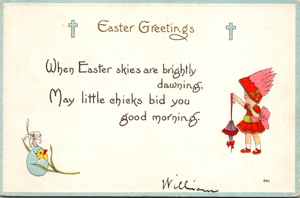 Easter - girl in pink and red, with a large hat - chick in blue egg postcard - S