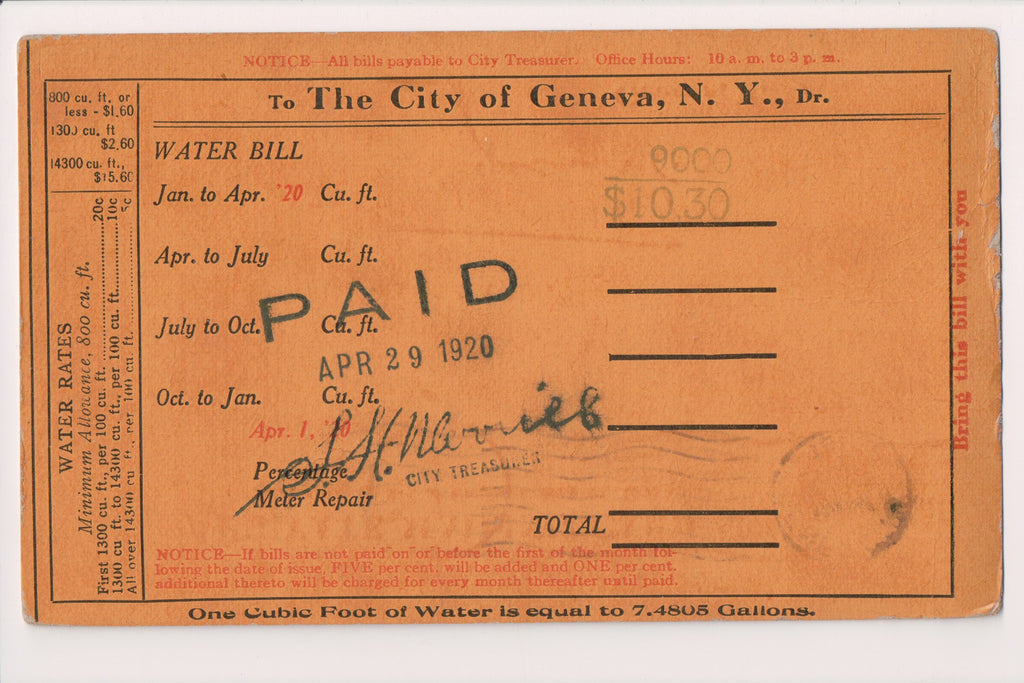 NY, Geneva - Water Bill - 3 cards from city treasurer - before 1921 - SL3021