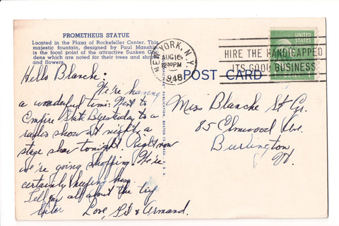 pm SLO - HIRE THE HANDICAPPED - NY - 1948 Slogan / Logo cancel - boJJ0587