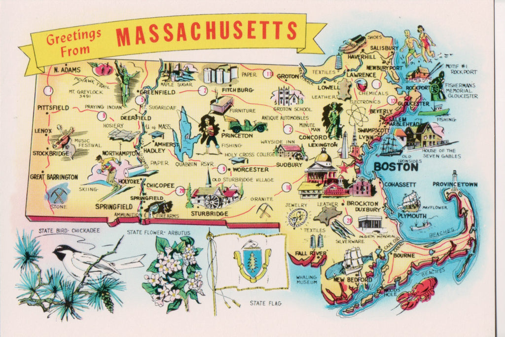 MA, MASSACHUSETTS - STATE MAP continental postcard - sw0069