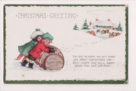 Xmas postcard - Christmas - kids rolling candy barrel - sw0111