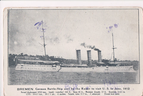 Ship Postcard - BREMEN - German Battleship to US @1912 - C06712