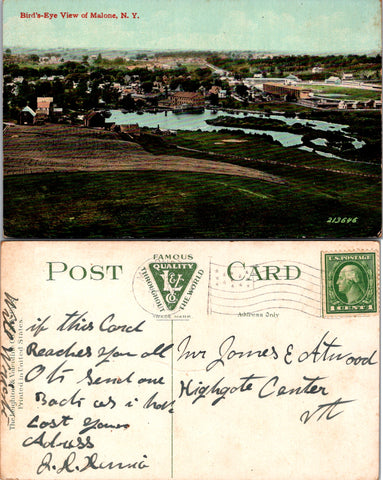 NY, MALONE - Bird Eye view @1912 postcard T00171