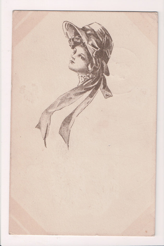 People - Female postcard - Pretty Woman - Sepia - Head Shot with hat - T00213