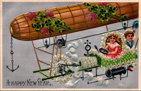 New Year - Boy and Girl flying a dirigible with anchor, flowers - T00315