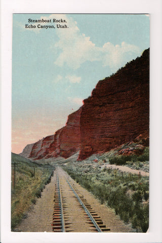 UT, Echo Canyon - Steamboat Rocks, railroad tracks, vintage postcard - L03131