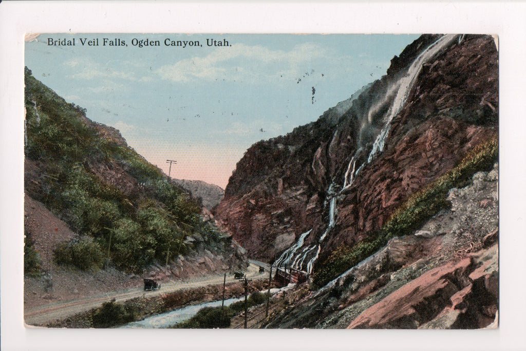 UT, Ogden Canyon - Bridal Veil Falls, bridge, cars postcard - C17362