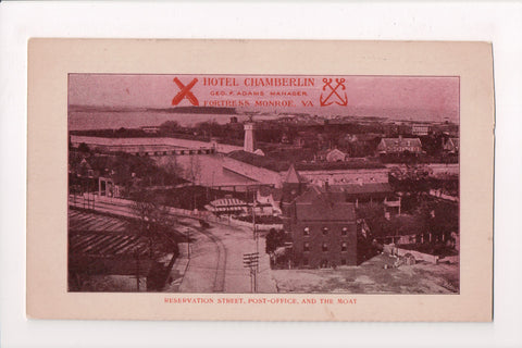 VA, Fortress Monroe - Hotel Chamberlin, Reservation St, PO, Moat postcard - R011