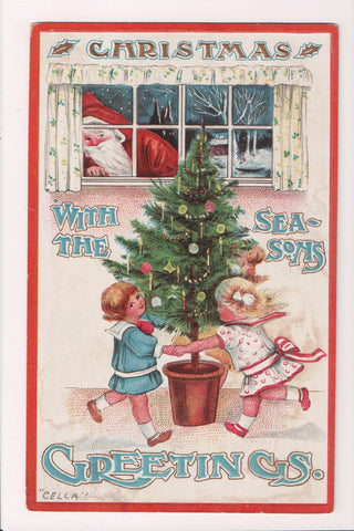 Xmas postcard - Christmas - Santa looking into window - VT0289