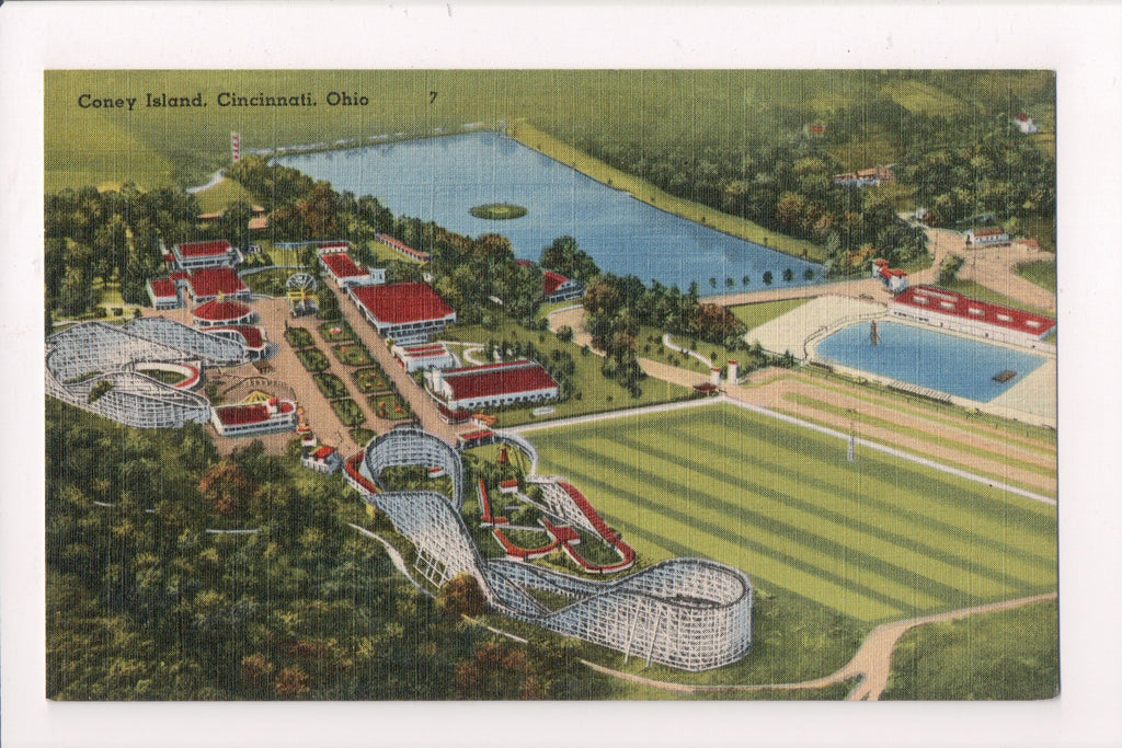 OH, CINCINNATI - Coney Island, rides, aerial view - vintage postcard - VT0299