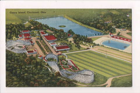 OH, Cincinnati - CONEY ISLAND, rides, aerial view - vintage postcard - VT0299