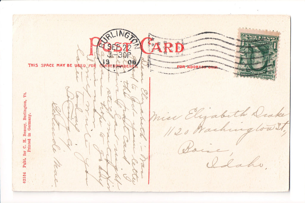 pm FLAG KILLER - VT, Burlington - 1908 cancel - C17721