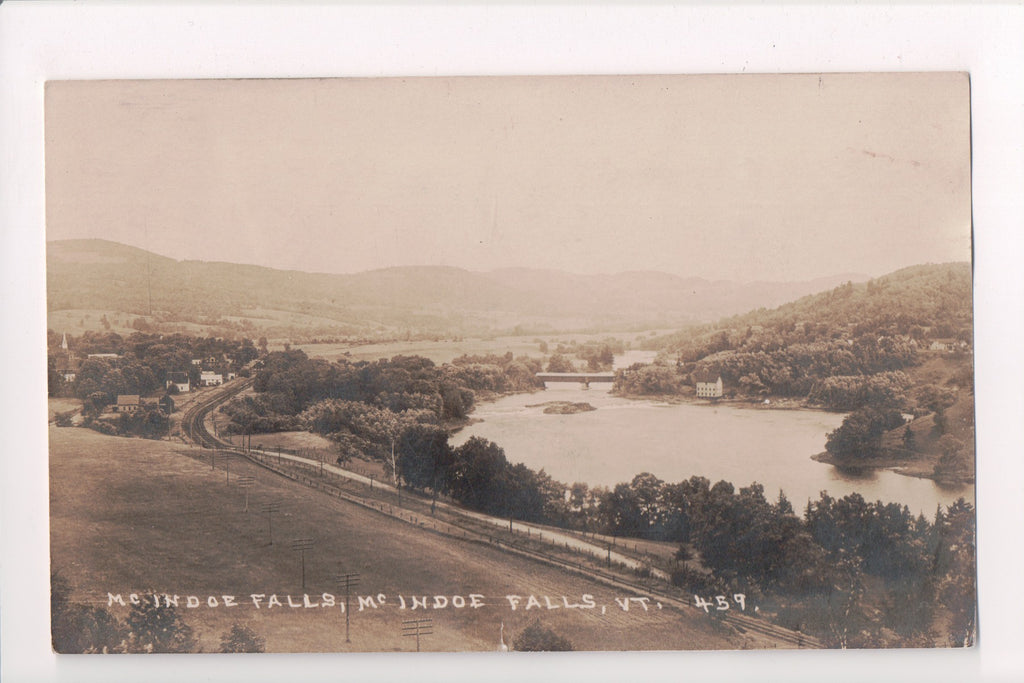 VT, McIndoe Falls - Bird Eye View, covered bridge, houses - RPPC - 405261