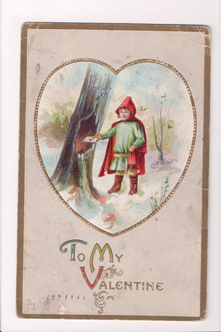 Valentine - boy dropping love letters into hole in tree - Nash postcard - B05476