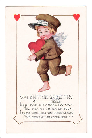 Valentine - Greeting, boy cupid in delivery uniform - Whitney Made - D08046