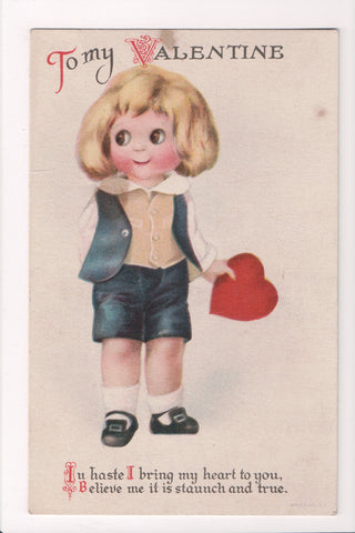 Valentine - To my Valentine - wide eyed boy holding red heart - Clapsaddle? - D0