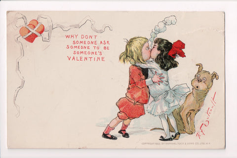 Valentine - boy and girl kissing with dog looking on - artist signed - SH7126