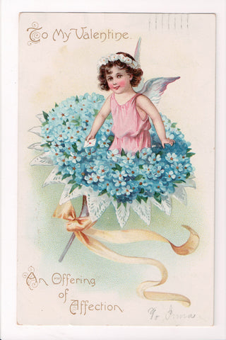 Valentine - To my Valentine - girl cupid in forget me nots - Tuck postcard - w02