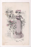 Valentine - YES or NO, man with woman in large hat - G and B postcard - w02423