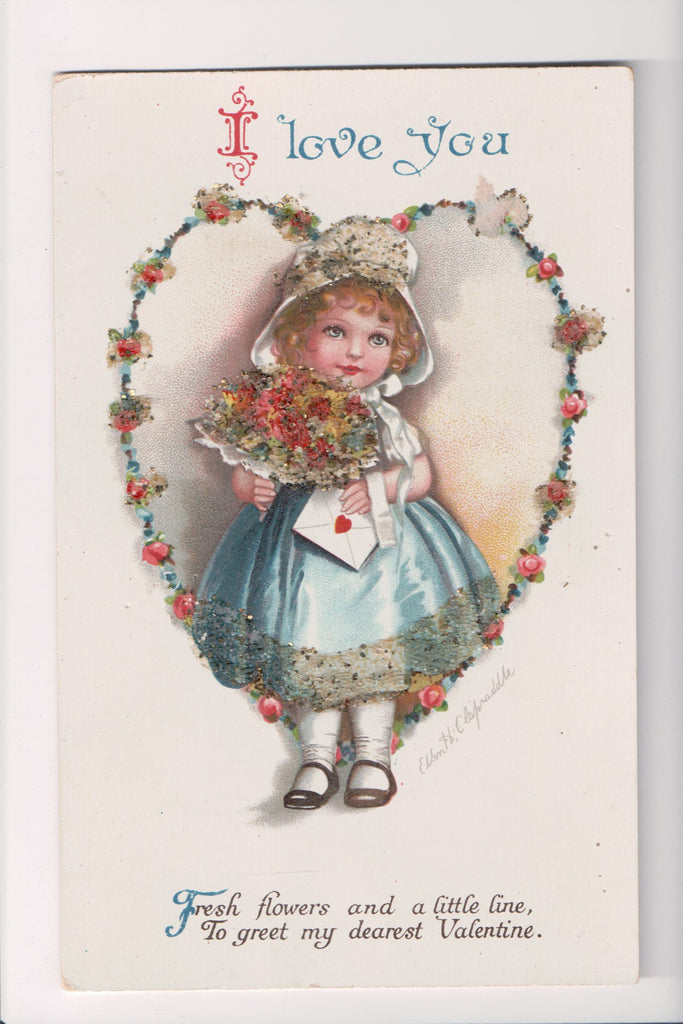 Valentine - I Love you - Clapsaddle signed postcard - beading - w02981