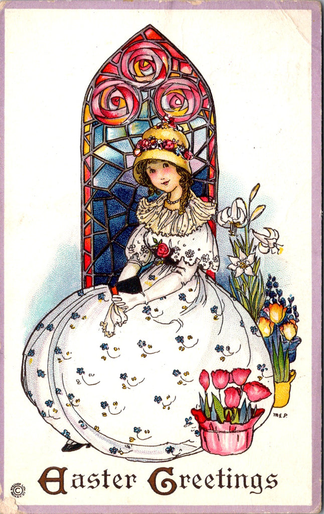 Easter - lady in a huge dress, tulips, lilies, stain glass - MEP signed postcard - w00141