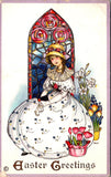 Easter - lady in a huge dress, tulips, lilies, stain glass - MEP signed postcard