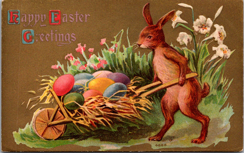 Easter - Anthropomorphic rabbit or hare walking pushing wheelbarrow postcard - w00148