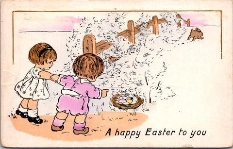 Easter - boy and girl, nest of eggs with rabbit running away postcard - w00159