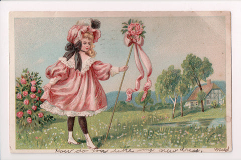 Easter postcard - girl in pink hat and dress (like little bo peep) - w00179