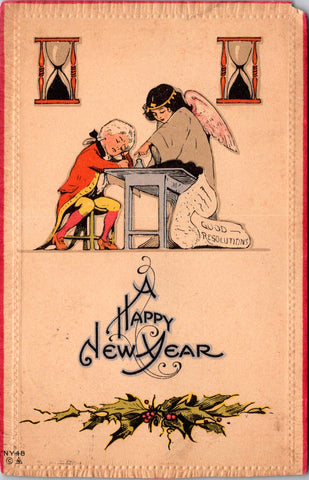 New Year - Angel teacher, colonial boy at desk, hourglasses - Nash - w00240