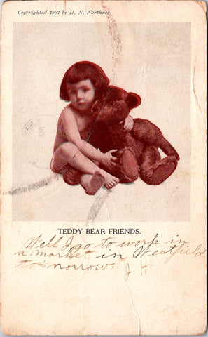 Animal - Bear or Bears postcard - Nude girl snuggling her Teddy Bear- w00367