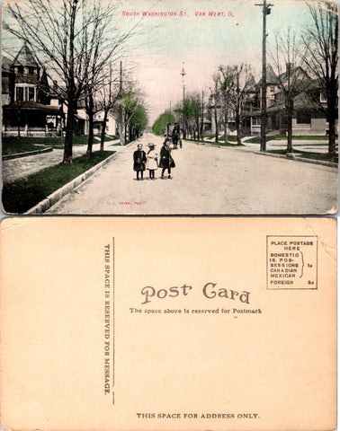OH, Van Wert - So Washington ST - kids and wagon on postcard - W01305