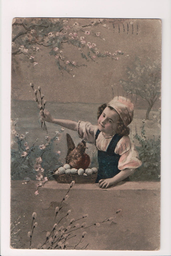 Easter - Dutch? Girl, hen on clutch eggs, pussy willows - w01568