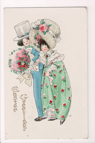 Easter postcard - man and woman in huge hats - w02139