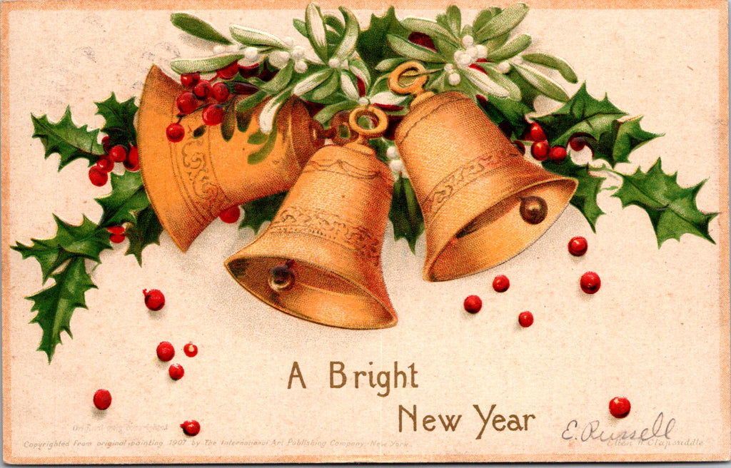 New Year - Gold bells - signed Ellen H Clapsaddle postcard - W02246