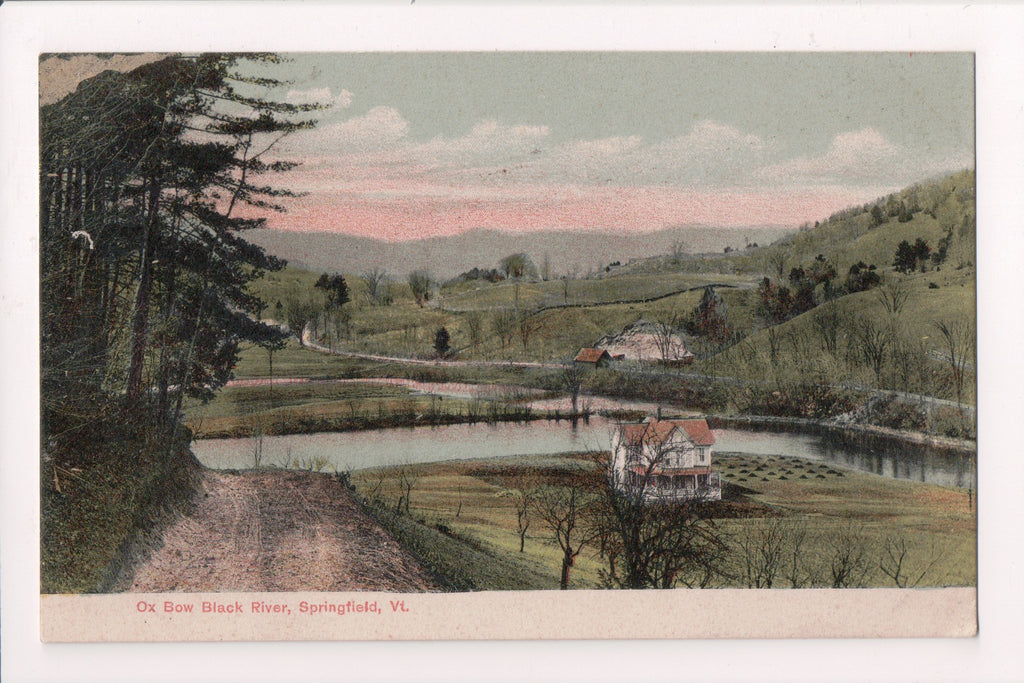 VT, SPRINGFIELD - Ox Bow Black River - vintage bird eye view w/houses - w02744