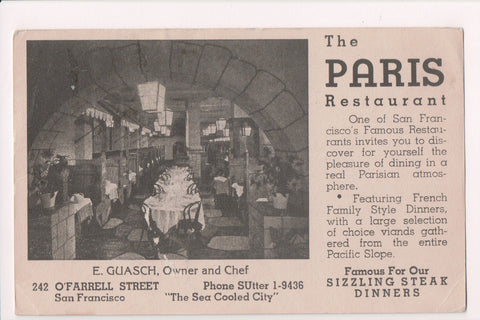 CA, SAN FRANCISCO - Paris Restaurant interior postcard - w02908
