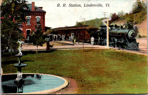 VT, Lindenville - R R Station - train depot, people, fountain, etc - 1907 card -