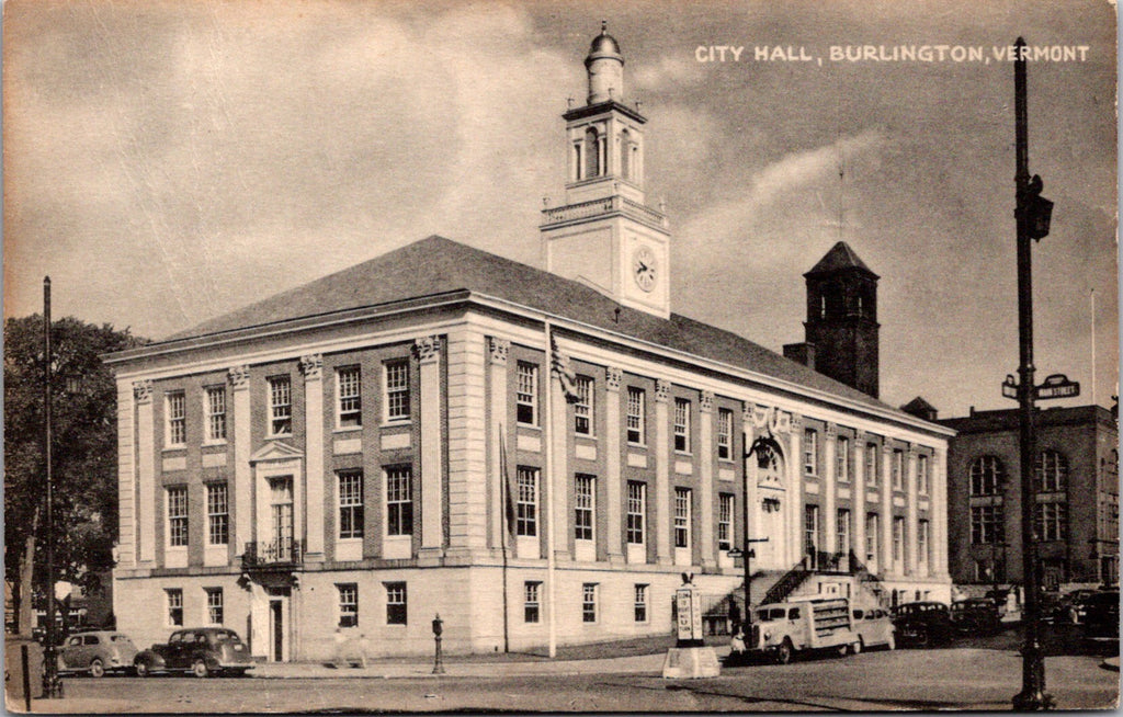VT, Burlington - City Hall - SLOW TO RIGHT NO U TURN sign - w03964
