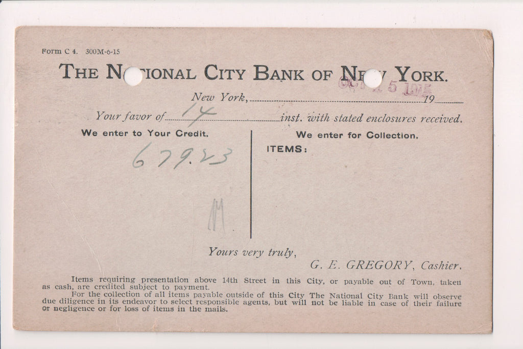 NY, New York City - National City Bank of NY - NCB Perfin Stamp - w04937
