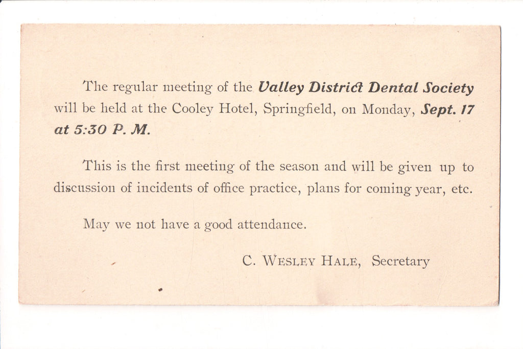 MA, Springfield - Valley District Dental Society postal card - w05136