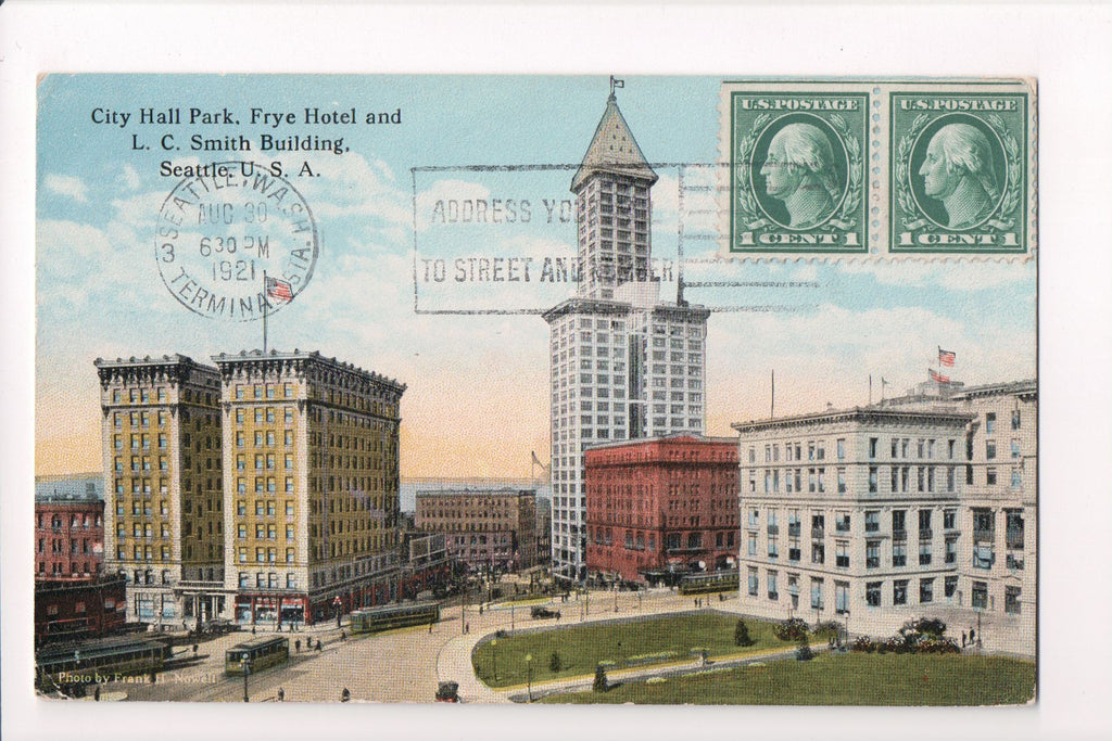 WA, Seattle - City Hall Park, Frye Hotel, LC Smith Bldg - CP0188