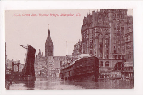 WI, Milwaukee - Grand Ave, Bascule Bridge, partial signs postcard - C08036