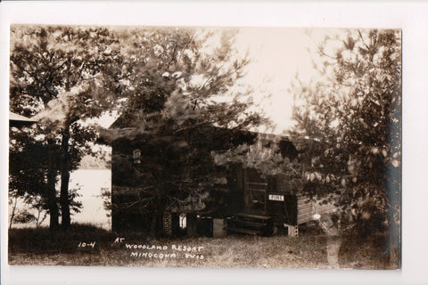 WI, MINOCQUA - Woodland Resort, PINE sign on lake cabin, RPPC - F09028