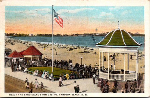 NH, Hampton Beach - Beach, Band Stand, US Flag etc - 1925 postcard - WV0038