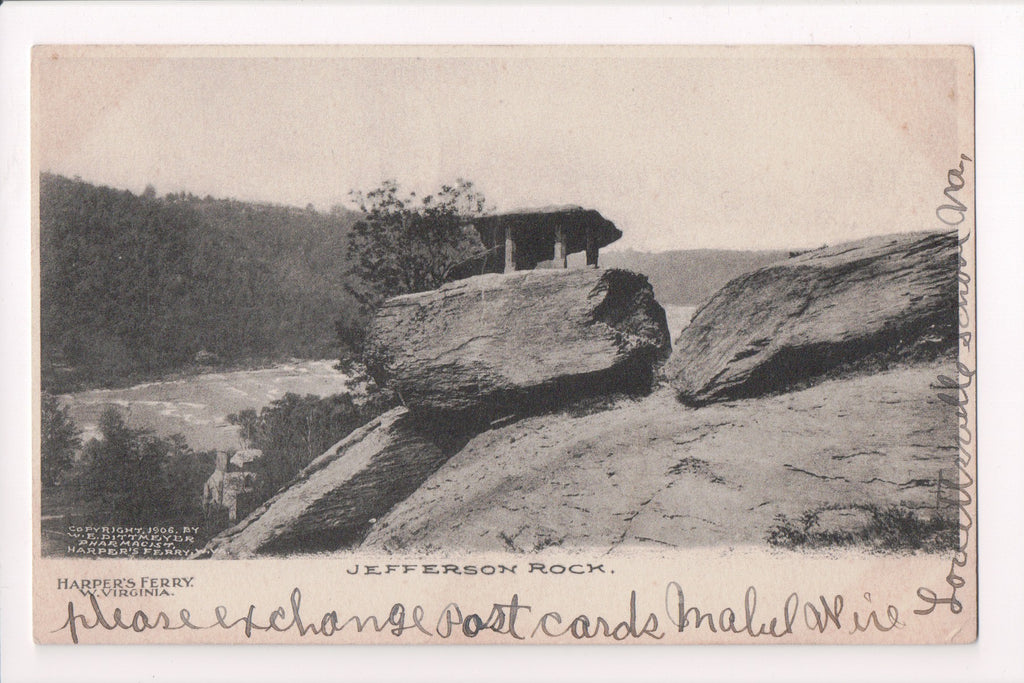 WV, HARPERS FERRY - Jefferson Rock closeup, @1907 W E Dittmeyer card - E04064