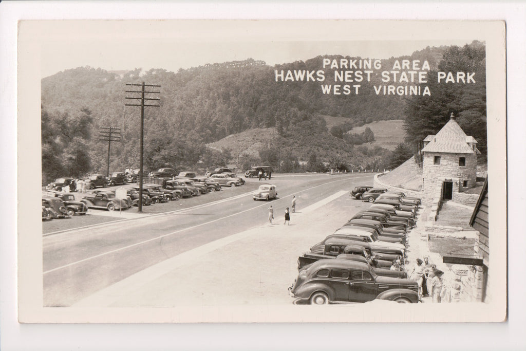 WV, ANSTED - Parking area Hawks Nest State Park, old cars RPPC - w04566