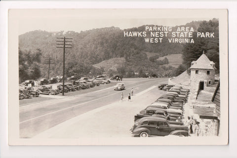 WV, Ansted - Parking area Hawks Nest State Park, old cars RPPC - w04566